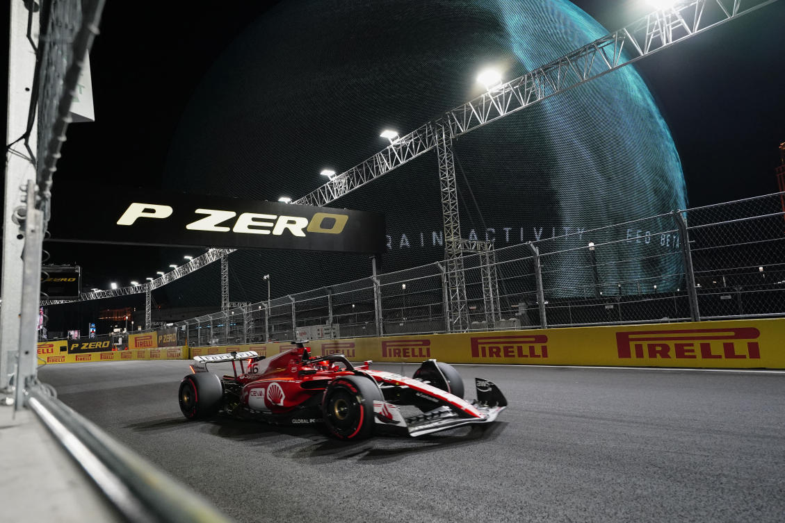 Scuderia Ferrari driver Charles Leclerc (16) of Monaco drives during the qualifiers at the Las Vegas Strip Circuit. (Lucas Peltier/USA TODAY Sports)