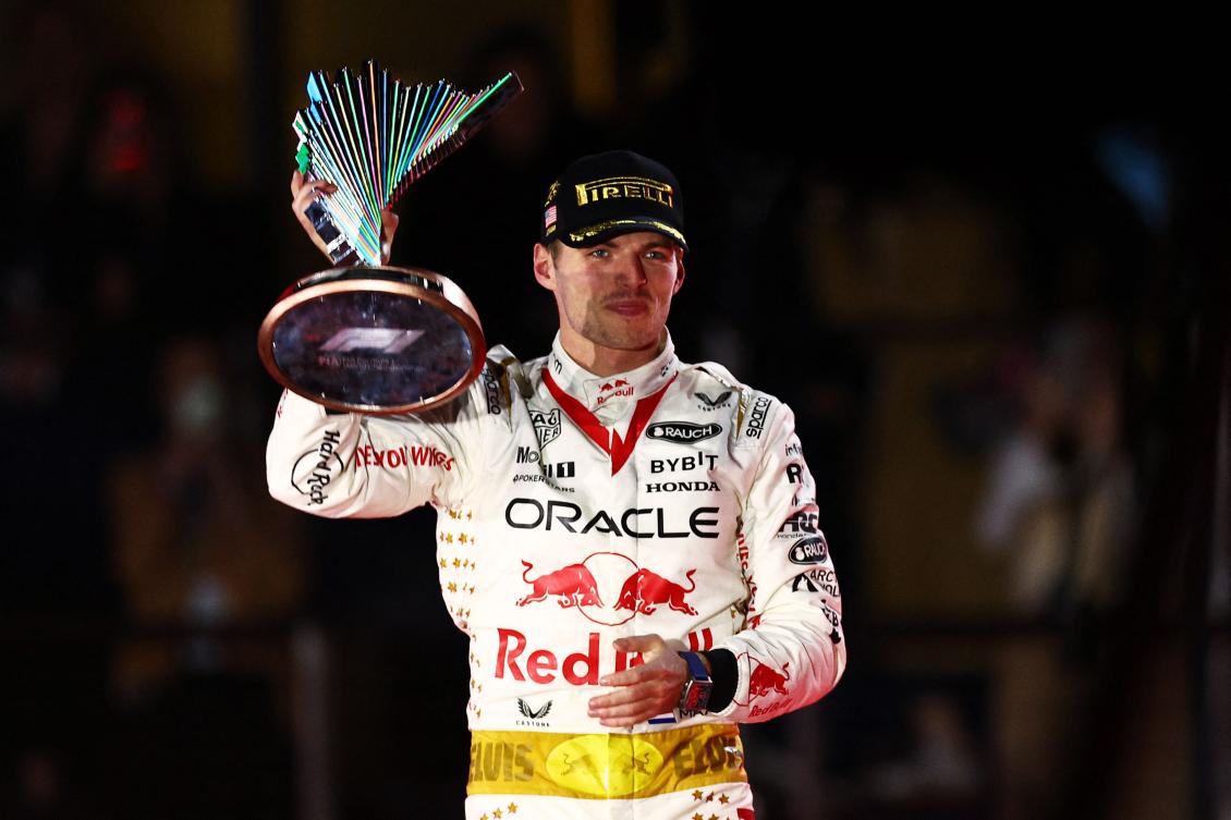 Race winner Max Verstappen of the Netherlands and Oracle Red Bull Racing celebrates on the podium during the F1 Grand Prix of Las Vegas at Las Vegas Strip Circuit. (AFP)