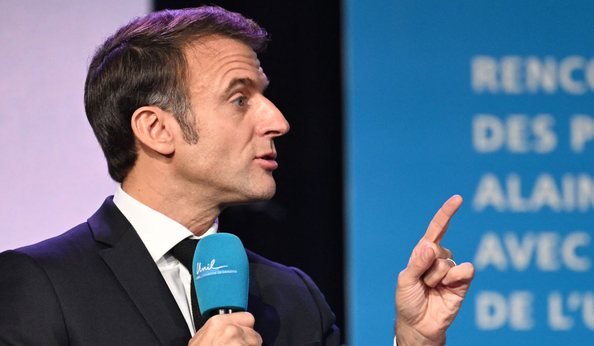 France's President Emmanuel Macron speaks during a public conference event attended by Swiss president at the Lausanne University, on the major current social challenges of Europe, in Lausanne, on November 16, 2023. (AFP)