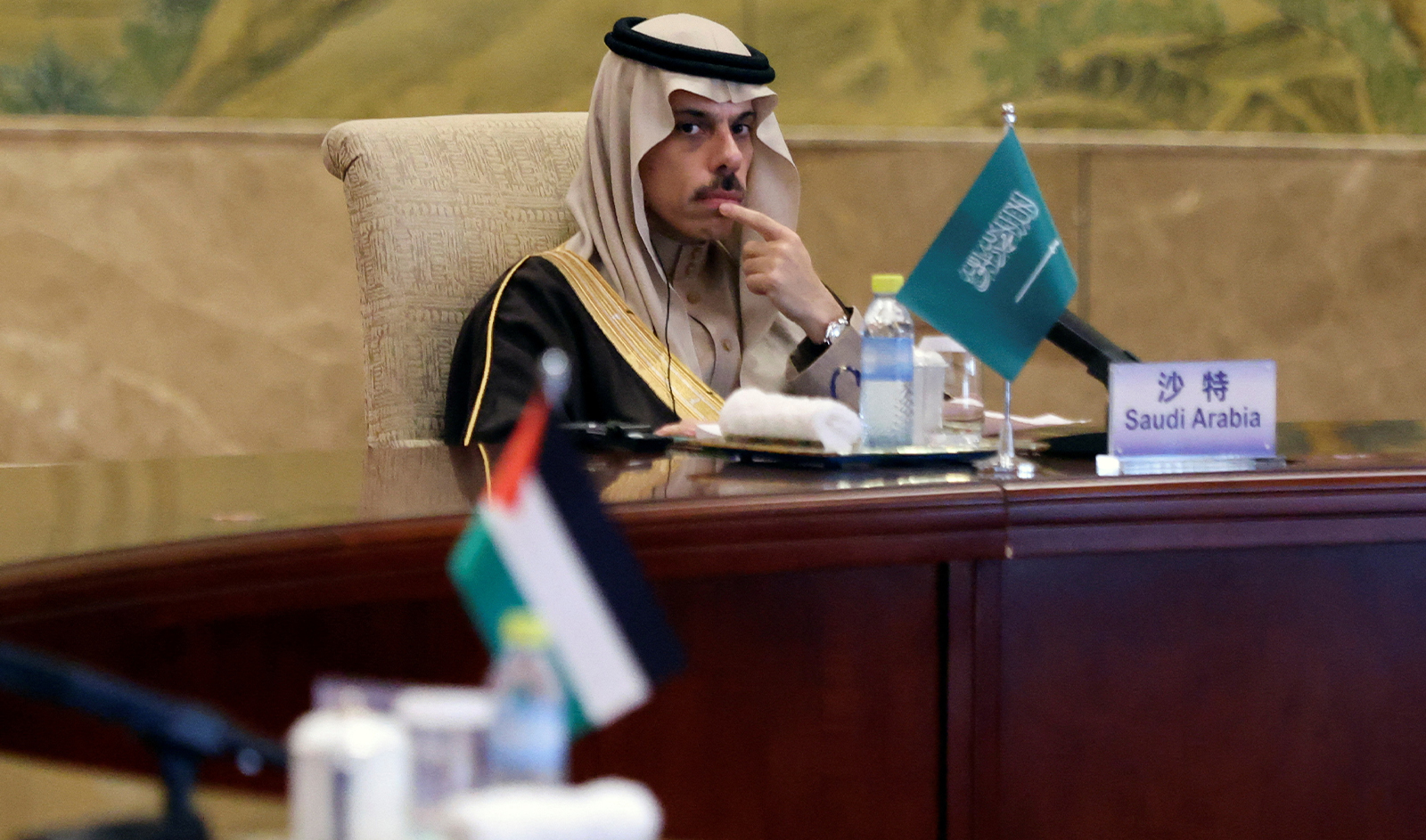 Saudi Foreign Minister Prince Faisal bin Farhan Al Saud attends a meeting with Chinese, Jordanian, Egyptian, Indonesian, Palestinian and Organisation of Islamic Cooperation (OIC) delegations at the Diaoyutai State Guesthouse in Beijing, China on November 20, 2023. (REUTERS)