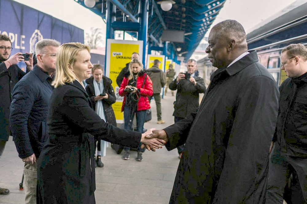 US Secretary of Defense Lloyd Austin is welcomed as he arrives in Kyiv on Nov. 20, 2023. (United States Secretary of Defense Lloyd Austin via X)