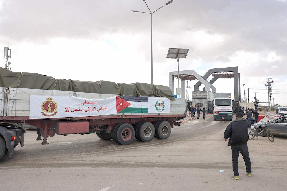 An aid convoy transporting a Jordanian field hospital enters the Gaza Strip through the Rafah crossing with Egypt on Nov. 20, 2023. (AFP)