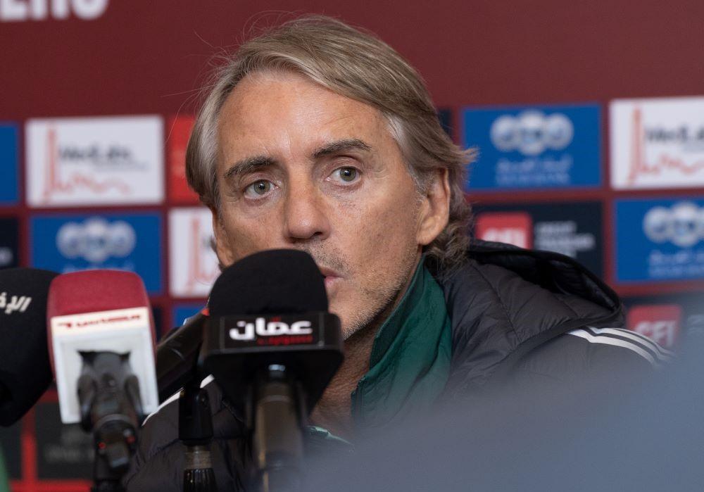 Roberto Mancini addresses a press conference in Amman ahead of the World Cup qualifier against Jordan. (Supplied)