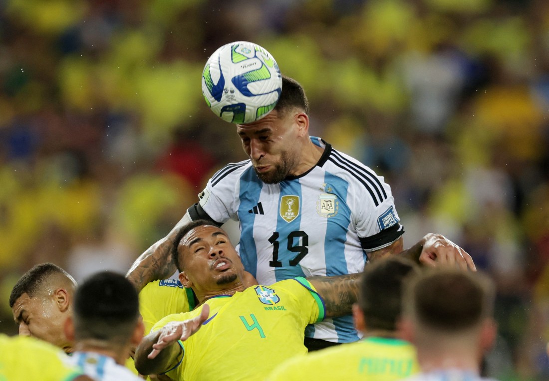 Argentina's Nicolas Otamendi scores with a header for their first goal during the World Cup 2026 South American Qualifiers between Brazil and Argentina at Maracana Stadium in Rio de Janeiro, Brazil, on Nov. 21, 2023. (Reuters)