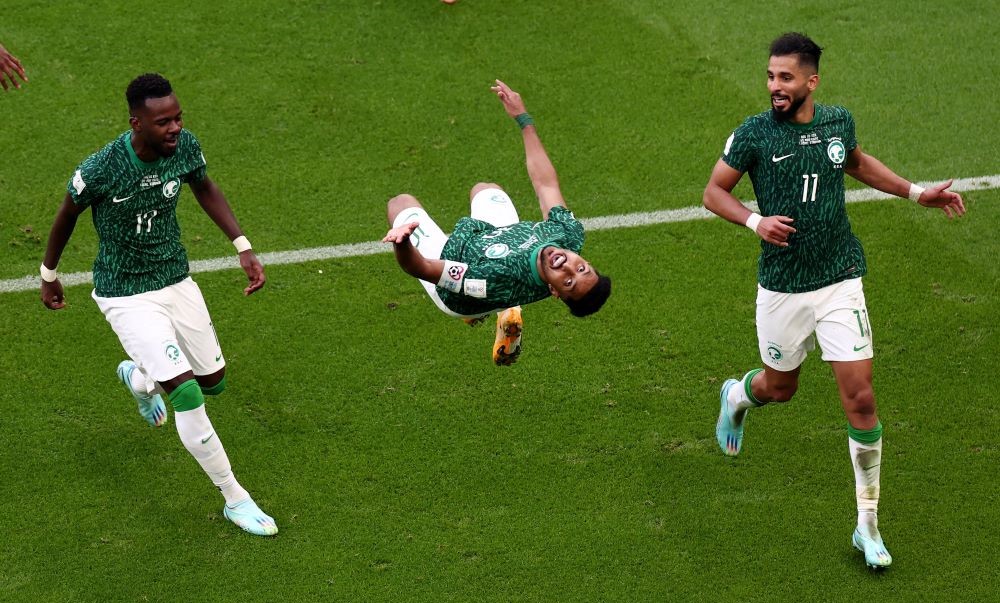 Salem Al-Dawsari celebrates scoring the winning goal against Argentina, Lusail Stadium, Lusail, Qatar, Nov. 22, 2022. (Reuters)