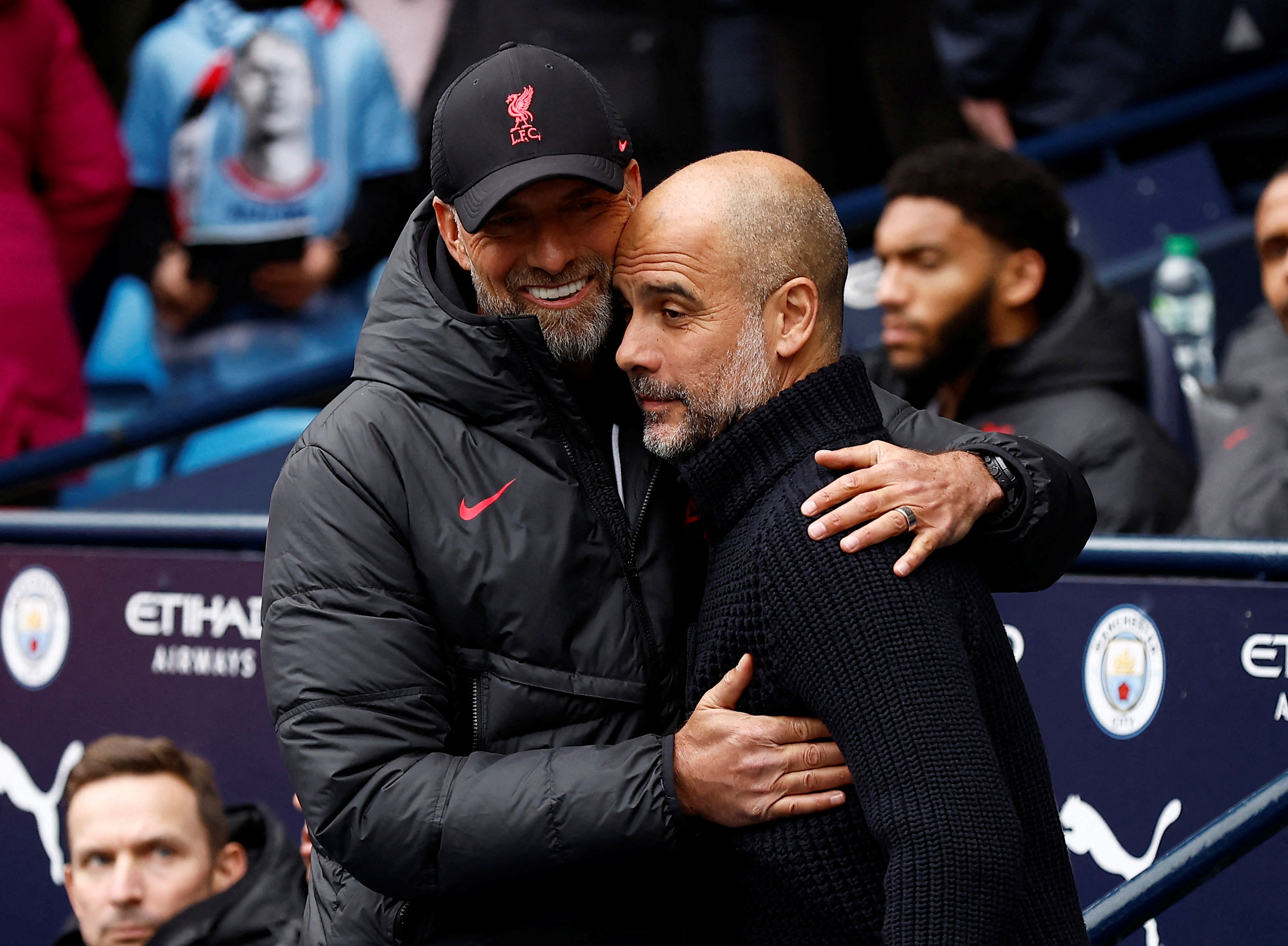 Manchester City manager Pep Guardiola with Liverpool manager Juergen Klopp before their Premier League match at Etihad Stadium, Manchester, Britain. (Reuters)