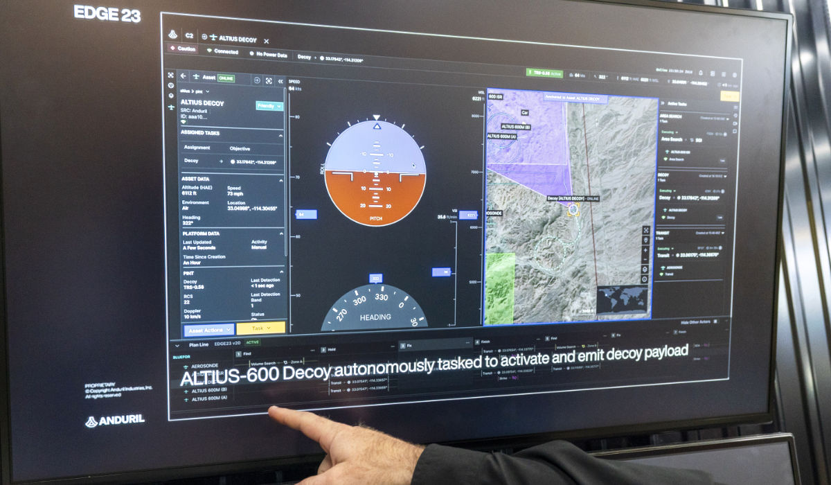Lattice Mission Autonomy software by Anduril is demonstrated at the Air & Space Forces Association Air, Space & Cyber Conference, Wednesday, Sept. 13, 2023, in Oxon Hill, Md. (AP)