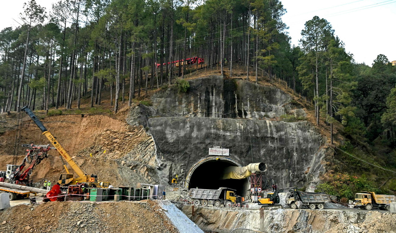 Rescue personnel work at the collapsed under construction Silkyara tunnel in the Uttarkashi district of India's Uttarakhand state, on November 25, 2023. (AFP)