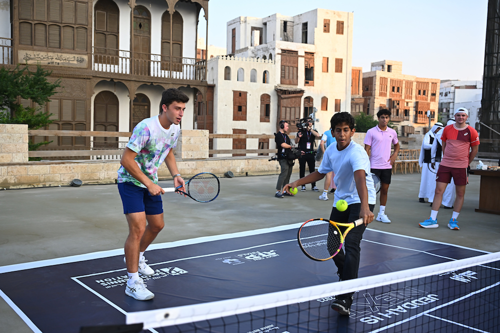 The stars of the Next Gen ATP Finals visited Al-Balad, the historic old town of Jeddah, for this year’s official group photo on Sunday. (Supplied)