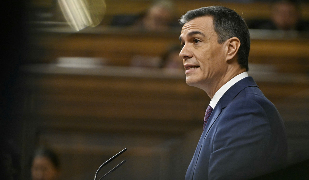 Spain's acting Prime Minister Pedro Sanchez speaks during a parliamentary debate ahead of a vote to elect Spain's next premier, at the Congress of Deputies in Madrid on November 16, 2023. (AFP)