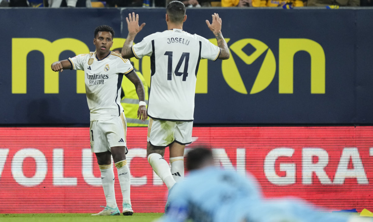 Real Madrid's Rodrygo, left, celebrates scoring his side's second goal during Spanish La Liga soccer match between Cadiz FC and Real Madrid at the Nuevo Mirandilla stadium in Cadiz, Spain, Sunday. (AP)