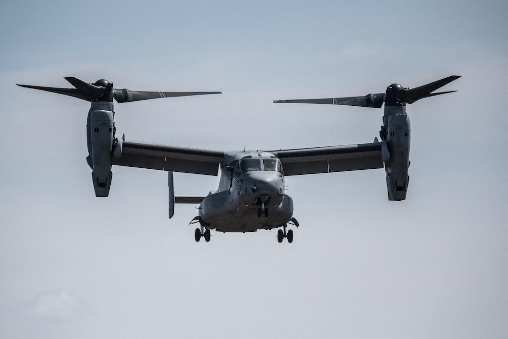 Above, an American Osprey tilt-rotor aircraft lands during a joint exercise with Japanese Self Defense Forces members in Gotemba, Shizuoka Prefecture on March 15, 2022. (AFP)