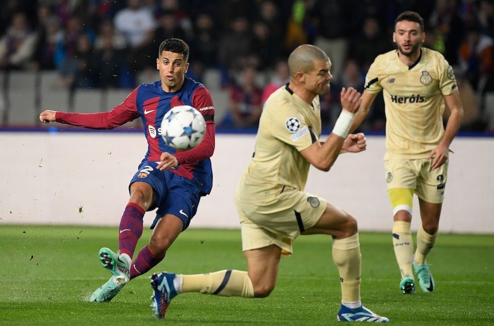 Barcelona’s Portuguese defender Joao Cancelo scores a goal during the UEFA Champions League first round game against FC Porto, Estadi Olimpic Lluis Companys, Barcelona, Nov. 28, 2023. (AFP)
