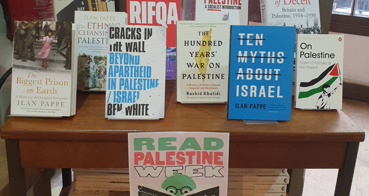 Books on Palestine are on display at the Bookmarks Bookshop in London on Nov. 29, 2023 for #ReadPalestine week. (Bookmarks Bookshop)