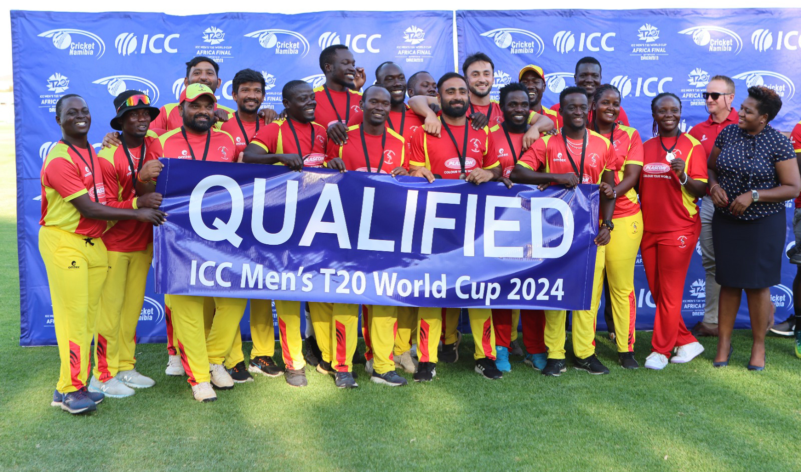 Uganda cricket team rejoices after defeating Rwanda in Windhoek, Namibia, on November 29, 2023, to qualifying for the next year's T20 World Cup in West Indies and the United States. (Uganda Cricket Association)