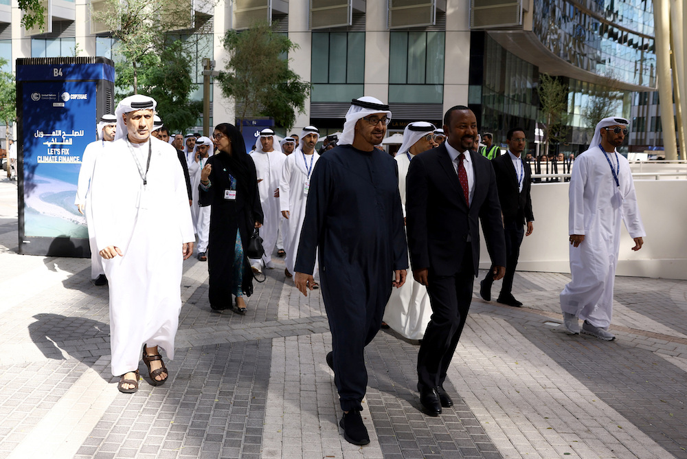 UAE President Sheikh Mohamed bin Zayed Al-Nahyan arrives to attend the United Nations Climate Change Conference Climate Summit in Dubai on Nov. 30, 2023. (Reuters)