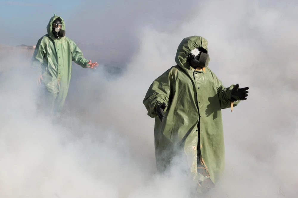 Schoolchildren wearing gas masks and suits attend a training in the military-patriotic program "School of Future Commanders" on October 28, 2023. The training conducted under the guidance of military personnel include disciplines such as multi-sport racing, tactical medicine, and weapons handling. (AFP)