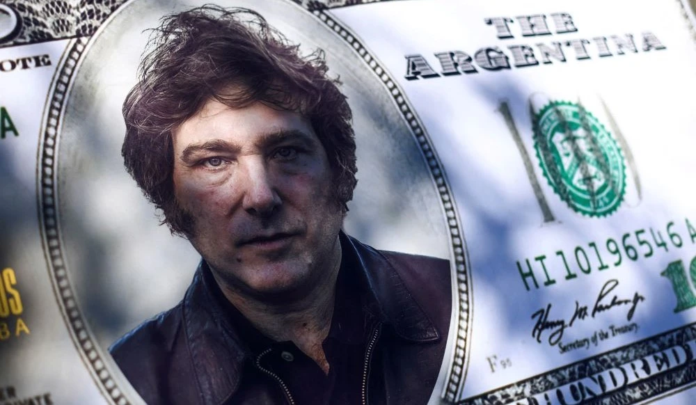 Javier Milei’s face imprinted on a US$100 bill, Cordoba, Argentina, Nov. 16, 2023. (Reuters)