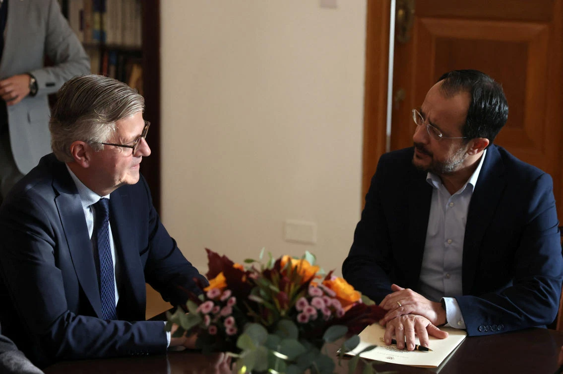 Cypriot President Nicos Christodoulides and Jean-Pierre Lacroix, UN Under-Secretary-General for Peacekeeping Operations talk during a meeting at the Presidential Palace in Nicosia on Nov. 1, 2023. (Reuters)