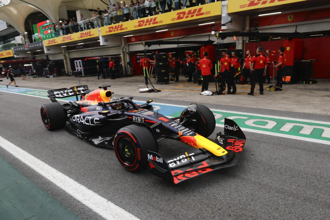 Red Bull driver Max Verstappen of the Netherlands steers his car along the pit lane during the qualifying session at the Interlagos in Sao Paulo, Brazil. (AP)