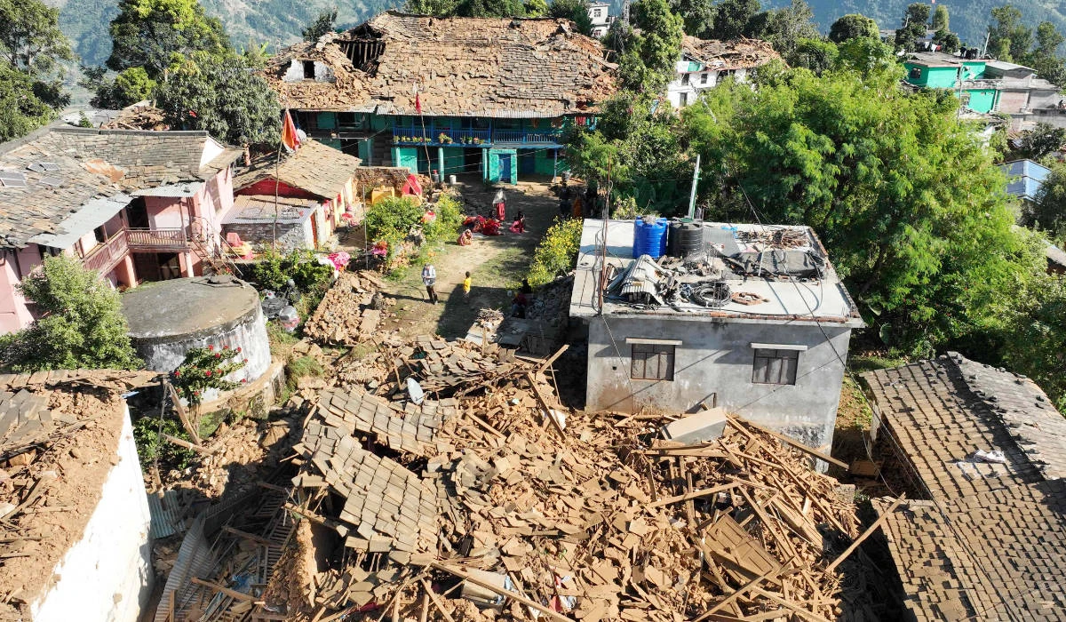 An aerial picture shows damaged buildings in Jajarkot district on November 4, 2023, following an overnight 5.6-magnitude earthquake. At least 132 people were killed in an overnight earthquake of 5.6-magnitude that struck a remote pocket of Nepal, officials said on November 4, as security forces rushed to assist with rescue efforts. (AFP)