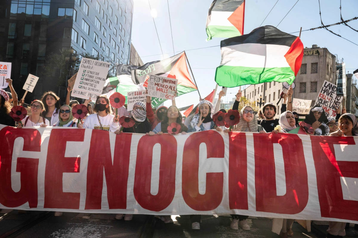 People take part in a "Palestine Solidarity" march in San Francisco, California, on November 4, 2023. (AFP)