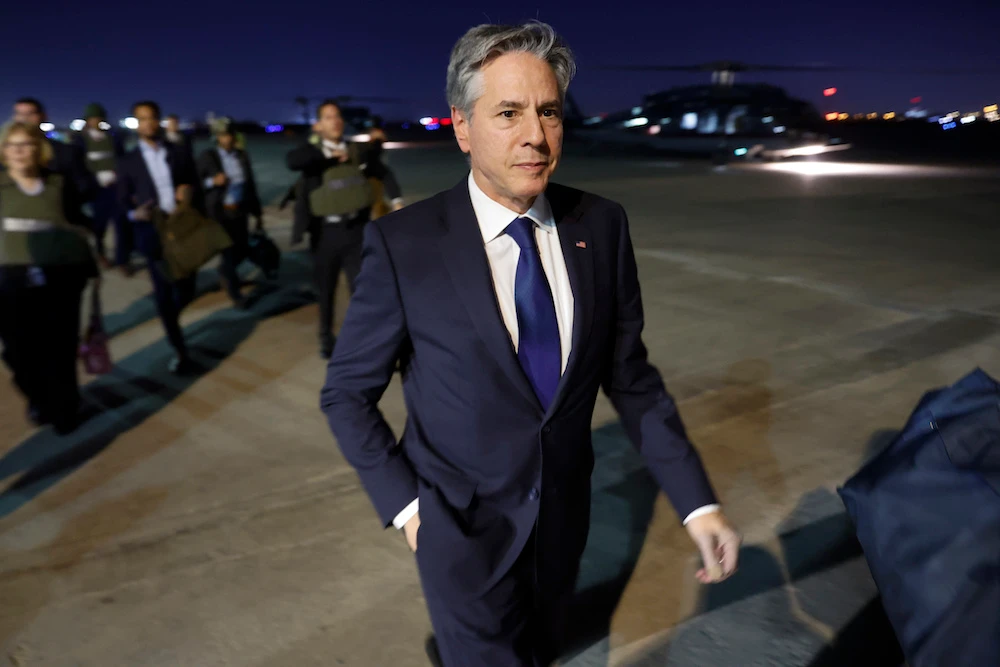 US Secretary of State Antony Blinken made a surprise visit to Baghdad on Sunday following a trip to the occupied West Bank earlier in the day. (AP)