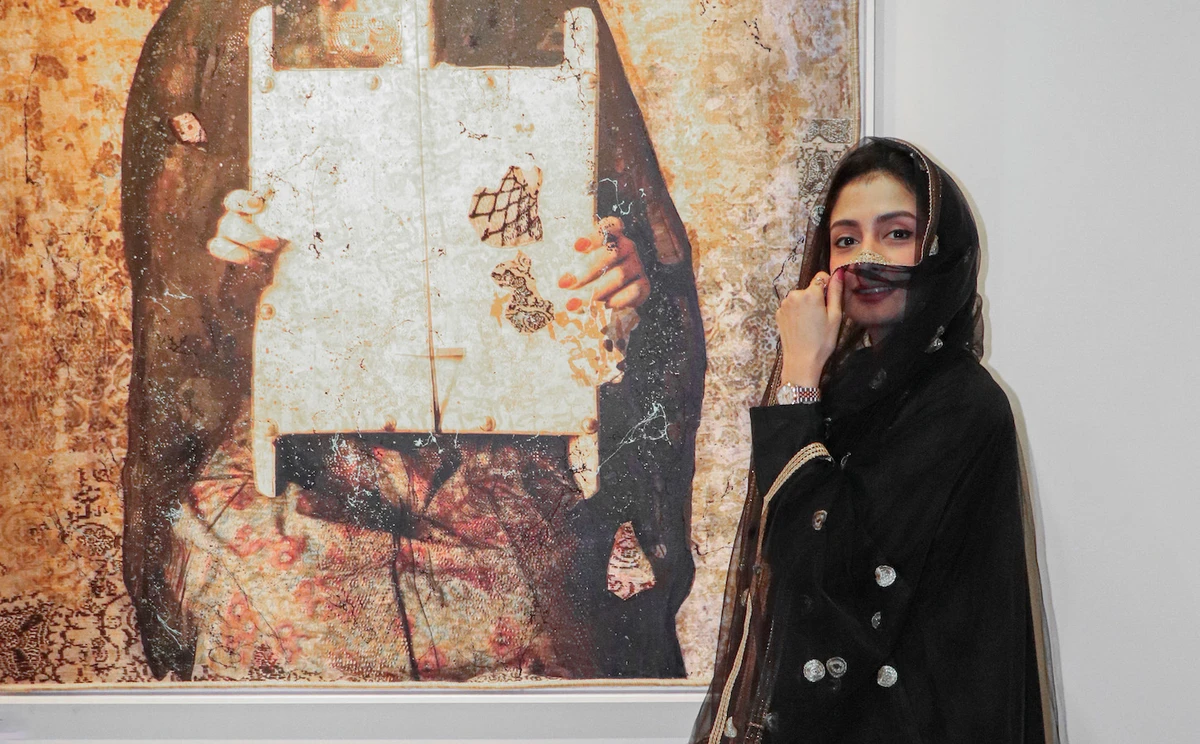 Fatimah Al-Nemer in front of her work 'Rababa.' (Supplied)
