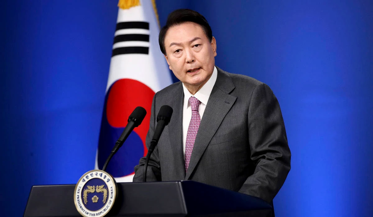 South Korean President Yoon Suk Yeol delivers a speech during a news conference to mark his first 100 days in office at the presidential office in Seoul, South Korea, Wednesday, Aug. 17, 2022. (AP)