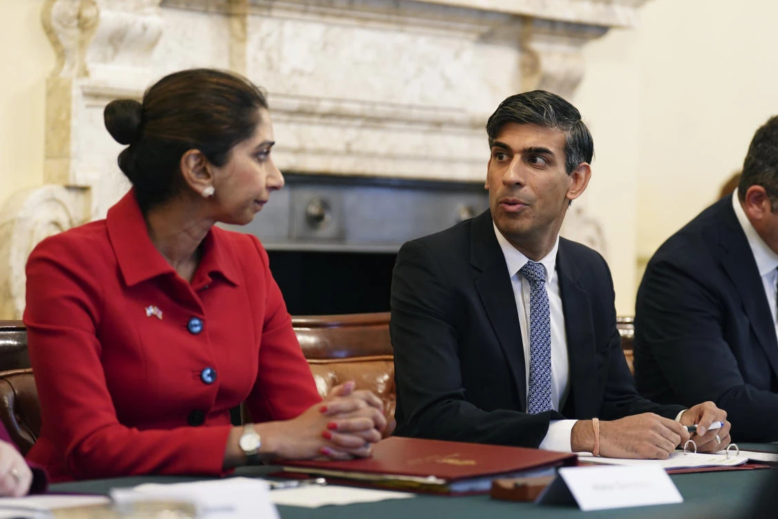 Former Home Secretary Suella Braverman listens to Prime Minister Rishi Sunak as he hosts a policing roundtable at 10 Downing Street, London. (File/AP)