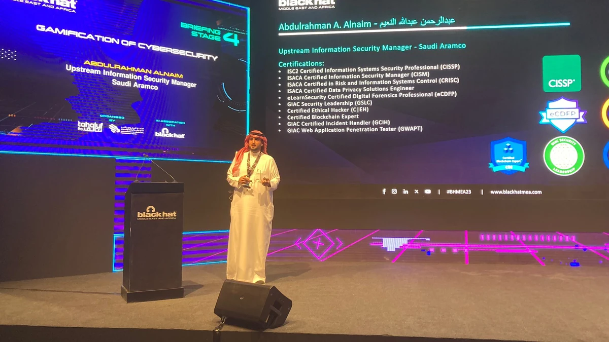 Abdulrahman Alnaim, upstream information security manager at Saudi Aramco, speaks at the Black Hat MEA in Riyadh on Wednesday. AN photo