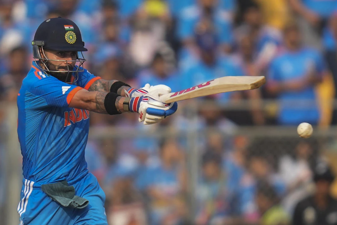India’s Virat Kohli plays a shot during the ICC Men’s Cricket World Cup first semi final match between India and New Zealand in Mumbai, India, Wednesday, Nov. 15, 2023. (AP Photo)