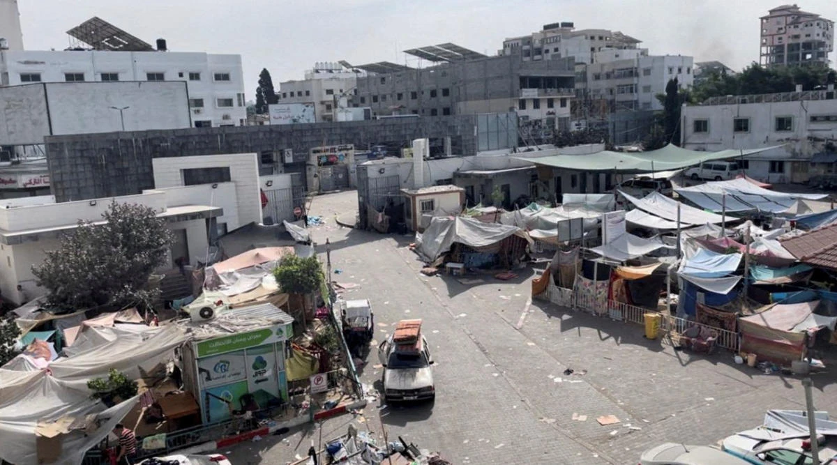 Tents and shelters used by displaced Palestinians stand at the yard of Al Shifa hospital during the Israeli ground operation around the hospital, in Gaza City. (File/Reuters)
