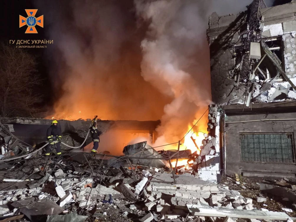 Firefighters work at the site where a building was damaged by a Russian drone strike in Zaporizhzhia region, Ukraine, on Nov. 18, 2023. (Reuters)