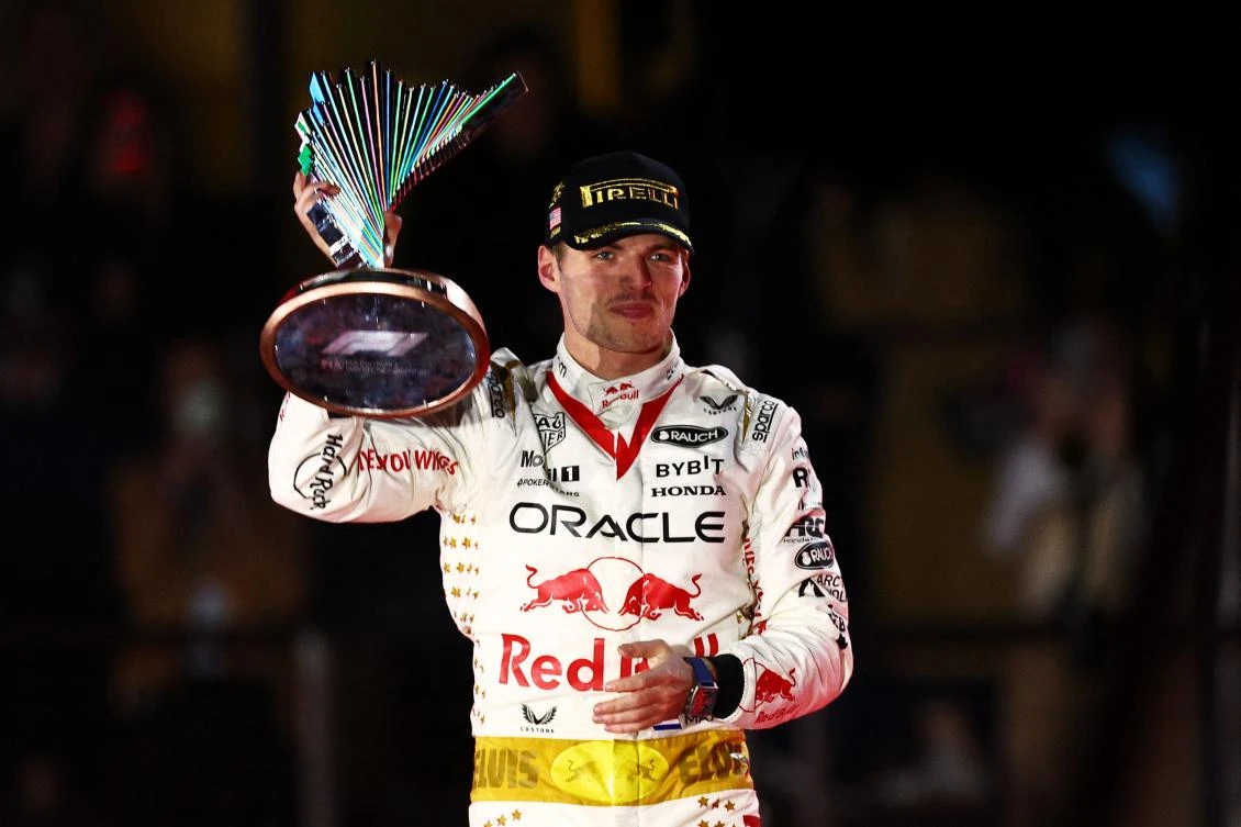 Race winner Max Verstappen of the Netherlands and Oracle Red Bull Racing celebrates on the podium during the F1 Grand Prix of Las Vegas at Las Vegas Strip Circuit. (AFP)