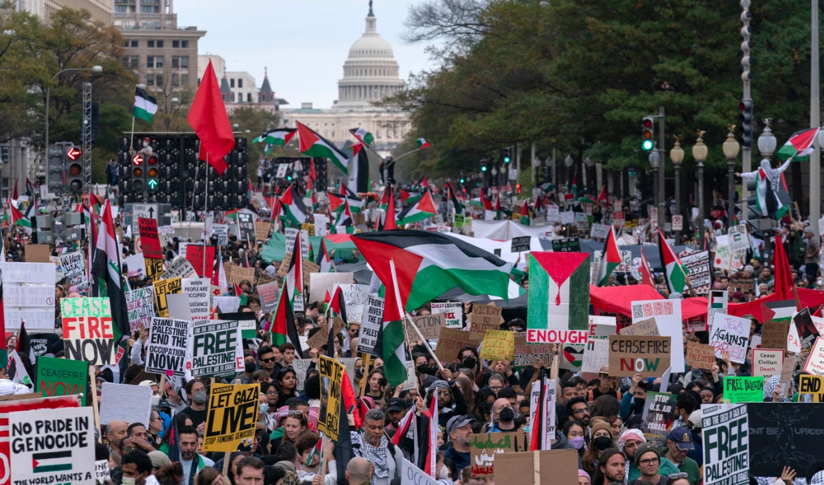 Thousands of protesters rally during a pro-Palestinian demonstration at Freedom Plaza in Washington, Saturday, Nov. 4, 2023. (AP)