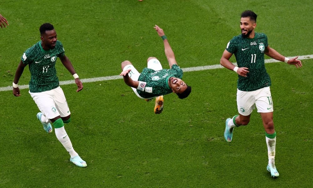 Salem Al-Dawsari celebrates scoring the winning goal against Argentina, Lusail Stadium, Lusail, Qatar, Nov. 22, 2022. (Reuters)
