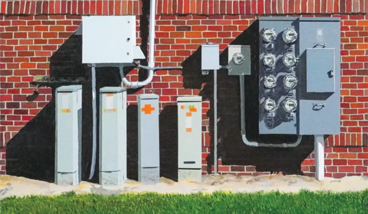 ‘Electric Series, Triptych’ by Yusef Fageeh is a collection of three hyper-realistic paintings of electric boxes. (Supplied)