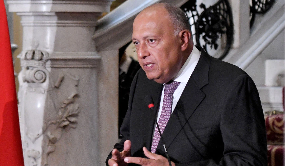 Egypt's Foreign Minister Sameh Shoukry speaks during a joint press conference with the Turkish foreign minister (unseen) in Cairo on October 14, 2023. (AFP)