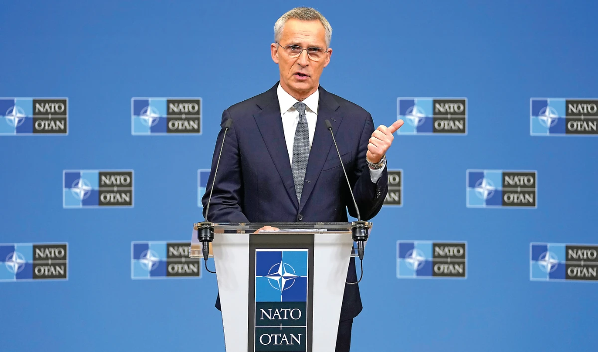 Secretary-General Jens Stoltenberg holds a press conference on Monday at the NATO headquarters in Brussels. (AP)