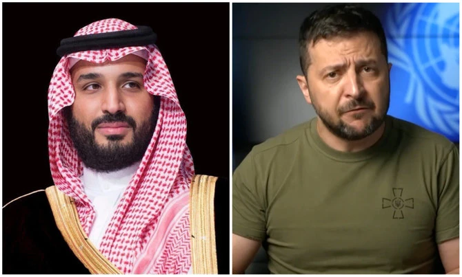 Saudi Crown Prince Mohammed Bin Salman received a phone call on Monday from the president of Ukraine Volodymyr Zelensky. (SPA/AFP)