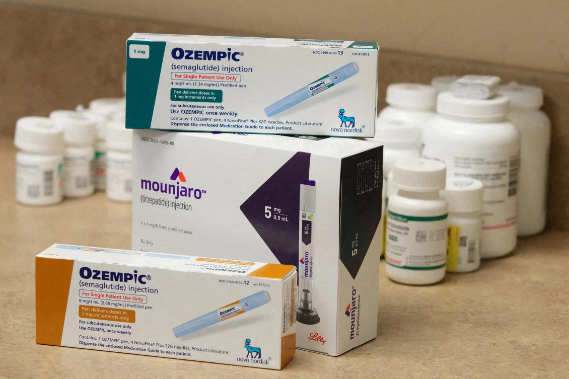 Boxes of Ozempic and Mounjaro, semaglutide and tirzepatide injection drugs used for treating type 2 diabetes and made by Novo Nordisk and Lilly, is seen at a Rock Canyon Pharmacy in Provo, Utah, in March 2023. (Reuters)