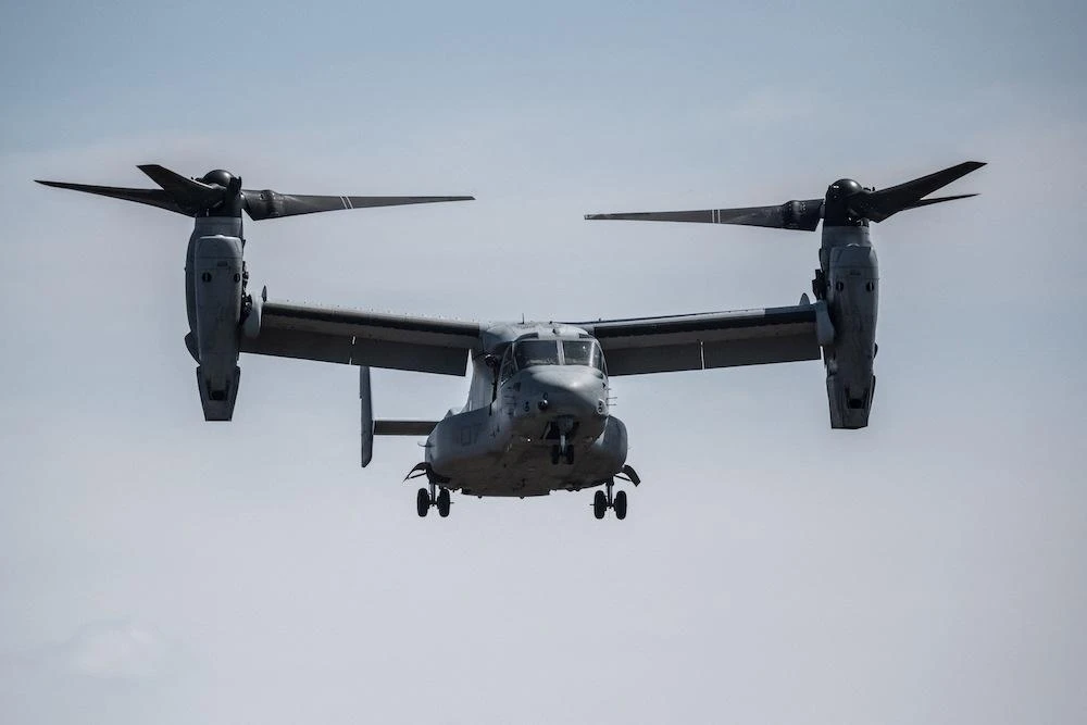 Above, an American Osprey tilt-rotor aircraft lands during a joint exercise with Japanese Self Defense Forces members in Gotemba, Shizuoka Prefecture on March 15, 2022. (AFP)