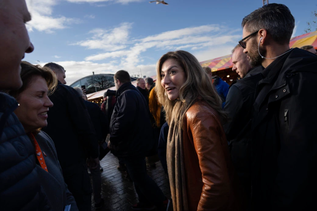 Dilan Yesilgoz, leader of the center-right Liberal Party visits a market during an election campaign in Hilversum. (AP)