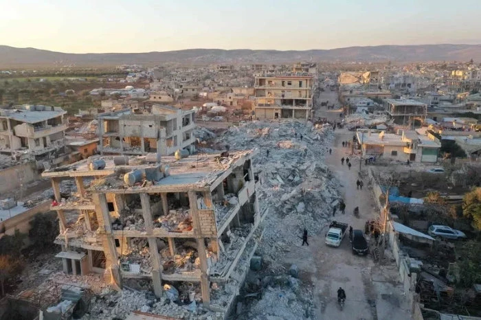 An aerial view shows the destroyed buildings in the rebel-held town of Jindayris, Syria. (AFP)