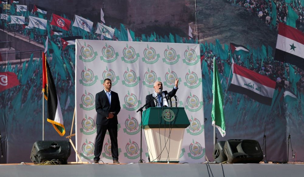 Hamas leader Yehya Sinwar speaks at a rally marking the 35th anniversary of the movement’s founding, Gaza City, Dec. 14, 2022