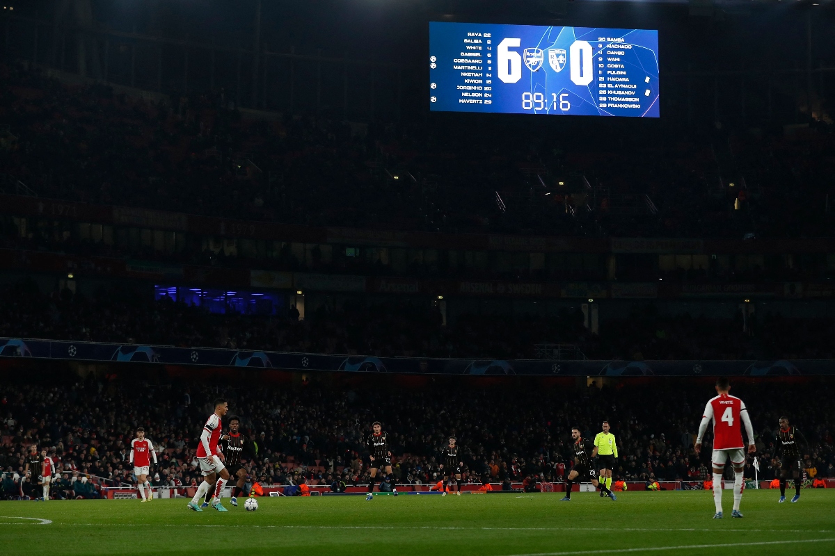 The scoreboard shows 6-0 to Arsenal during the UEFA Champions League Group B football match between Arsenal and RC Lens at the Arsenal Stadium in north London on Nov. 29, 2023. (AFP)