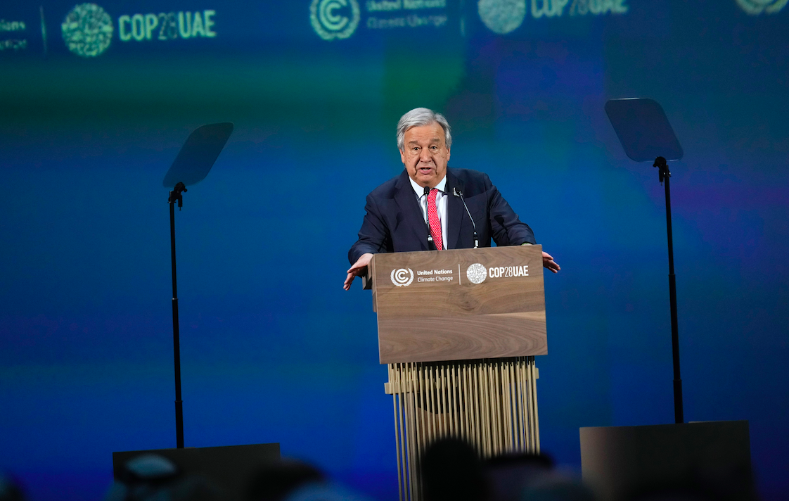 UN Secretary-General António Guterres speaking at COP28. AP.