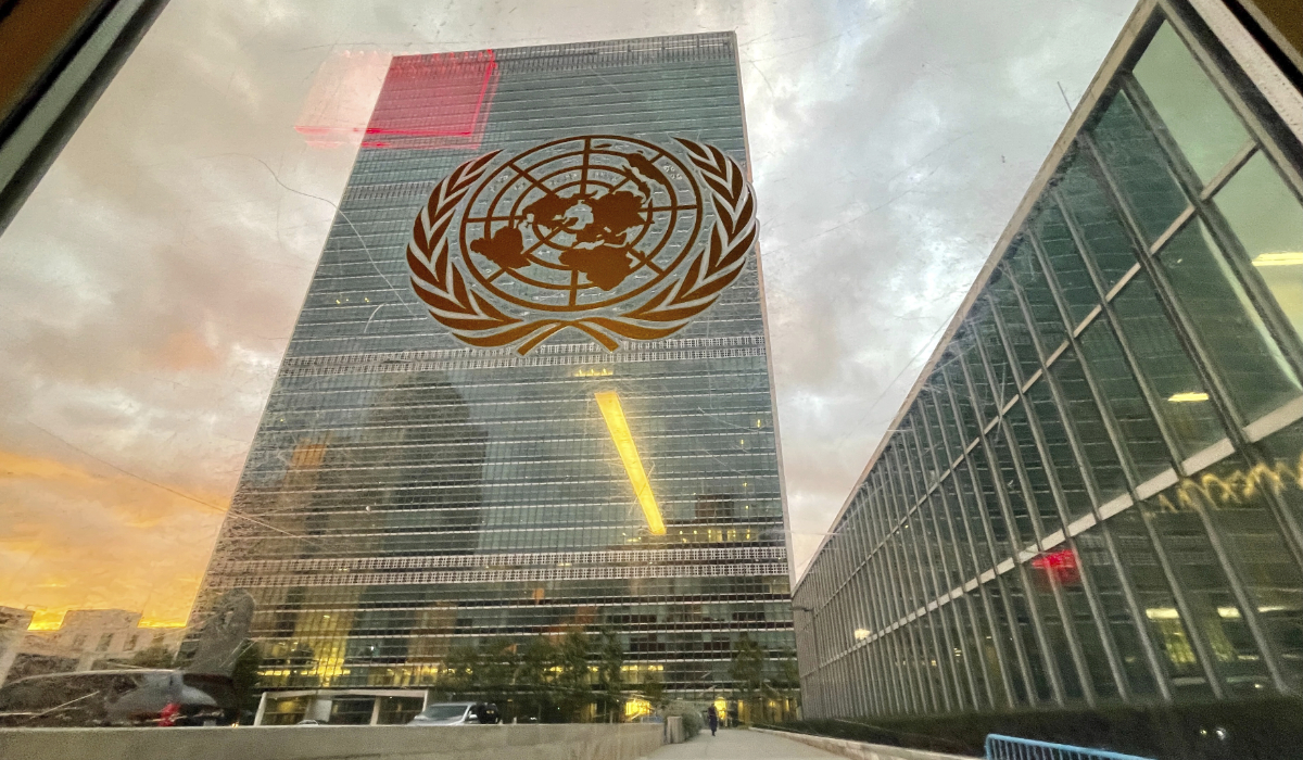 The United Nations headquarters building is seen from inside the General Assembly hall, on Sept. 21, 2021. (AP)
