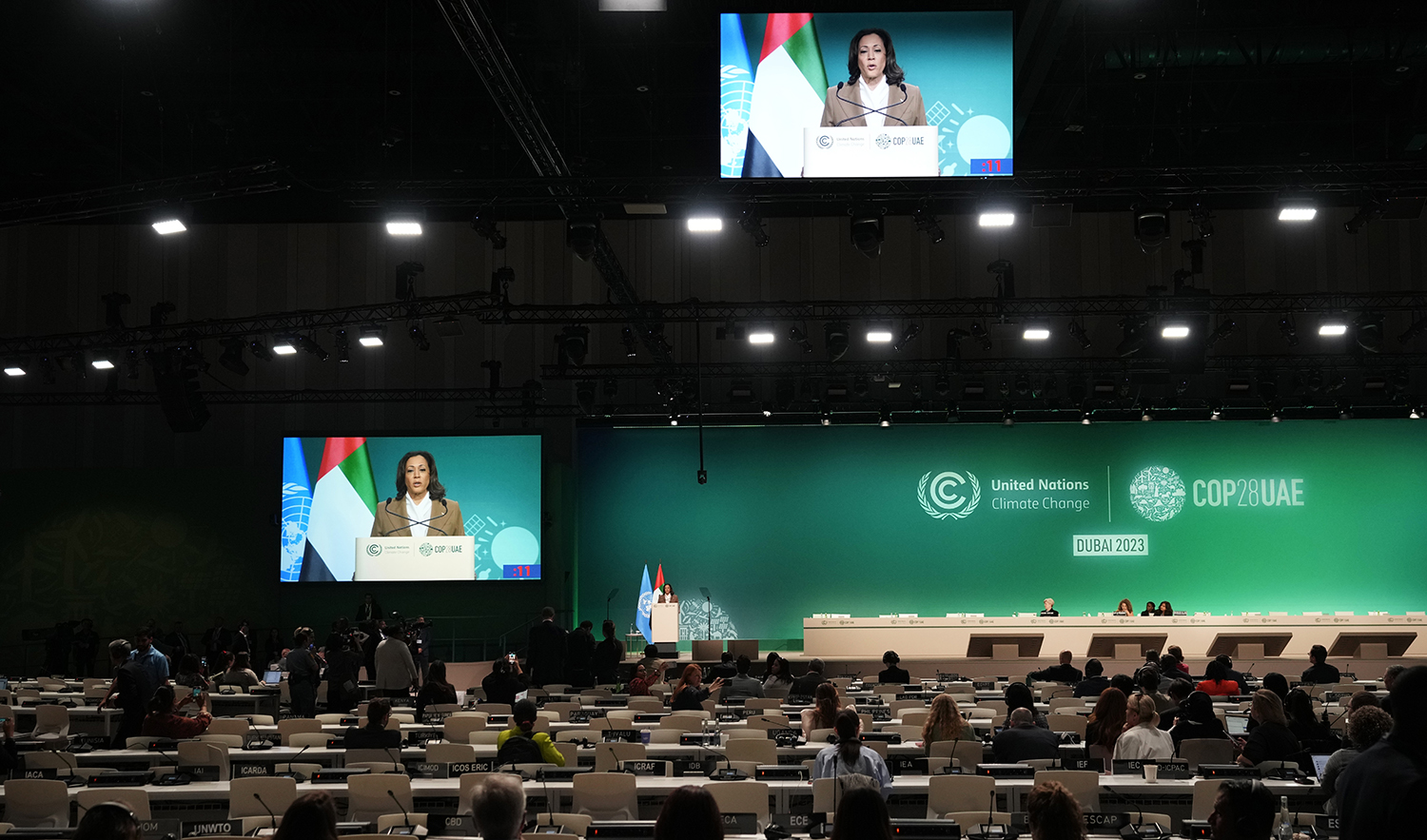 Vice President Kamala Harris speaks during a plenary session at the COP28 U.N. Climate Summit in Dubai, UAE on December 2, 2023. (AP)